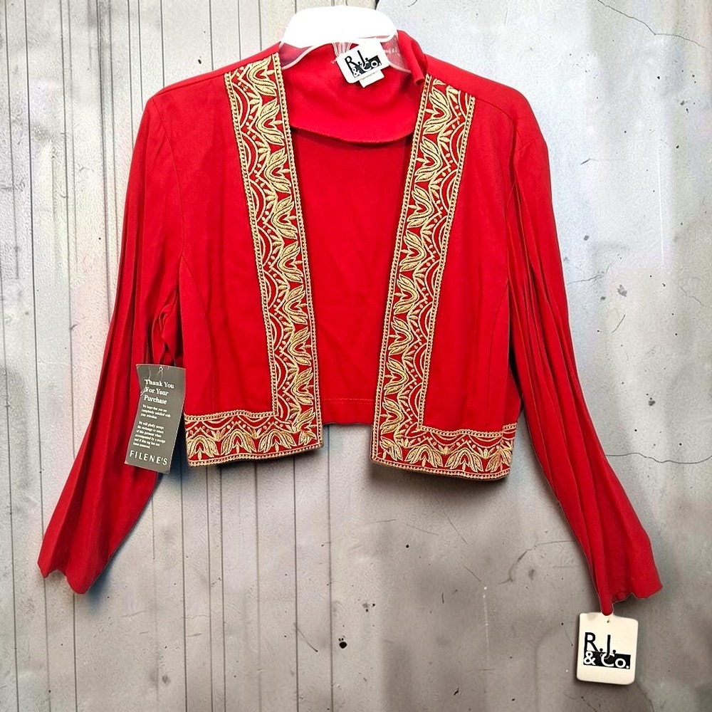 VTG RJ Co Large Sz 12 Red Cropped Shrug Jacket Gold Emb NWT Filenes Deadstock